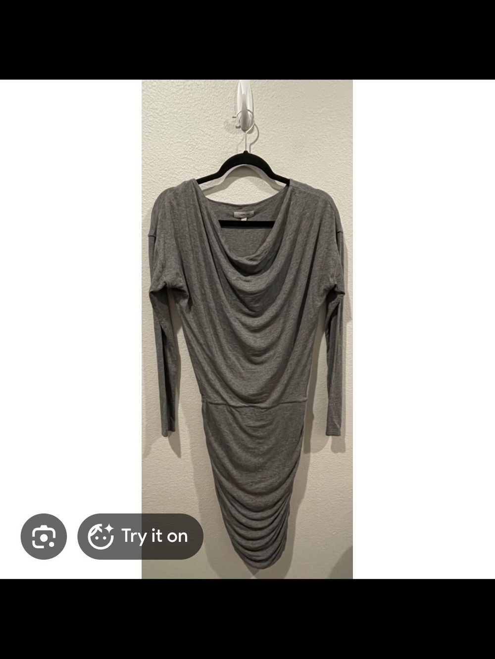 Athleta Solstice long sleeve grey midi dress featuring a ruched side detail.